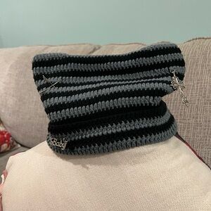 Striped Black and Gray Cat Ear Knit Beanie